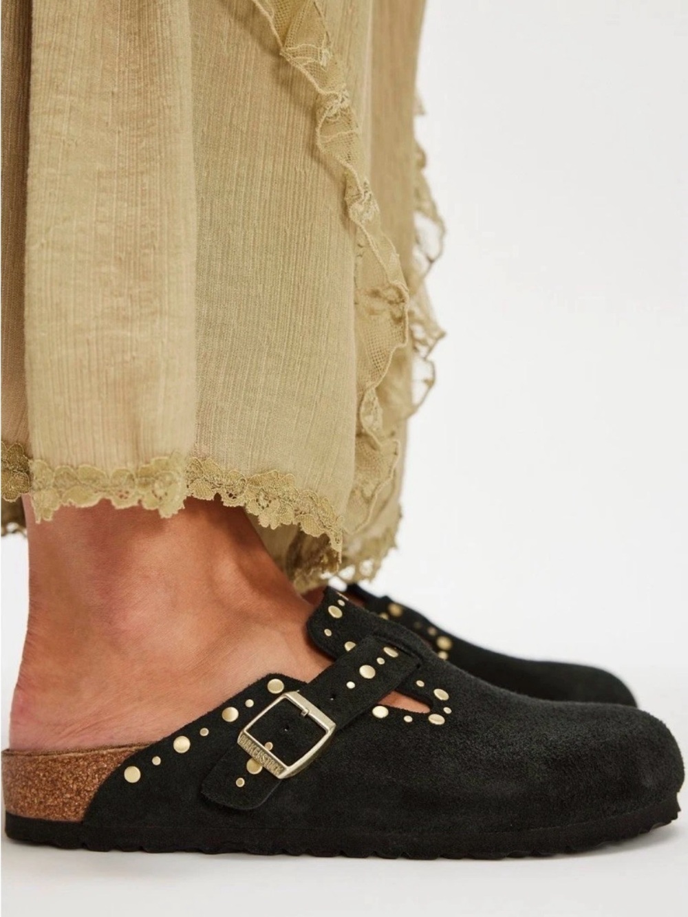 Free People Birkenstock Boston Rivets Clog Black Suede Brass Matte Studs - Picture 8 of 9
